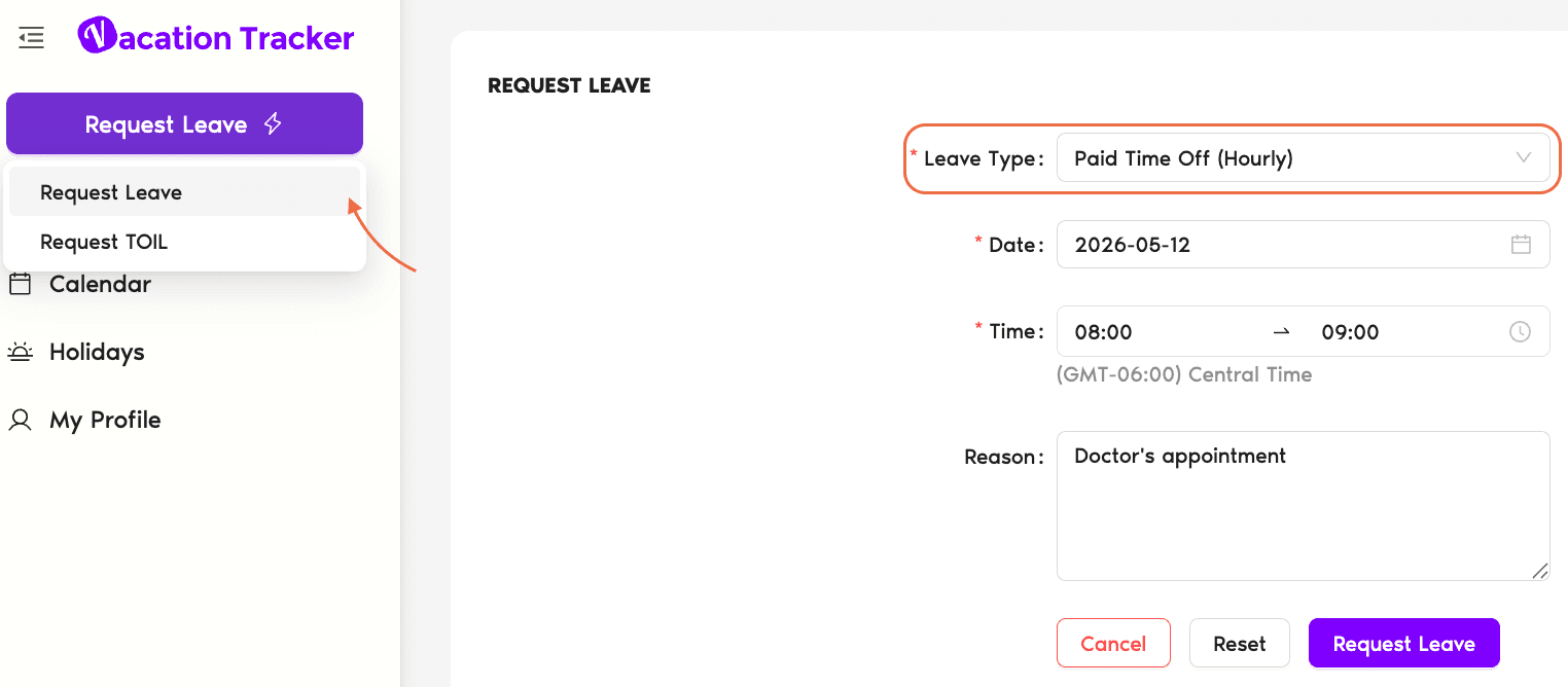 Dashboard Request Leave modal with hourly Leave Type selected, single date picker, start hour and end hour selectors, and Reason field