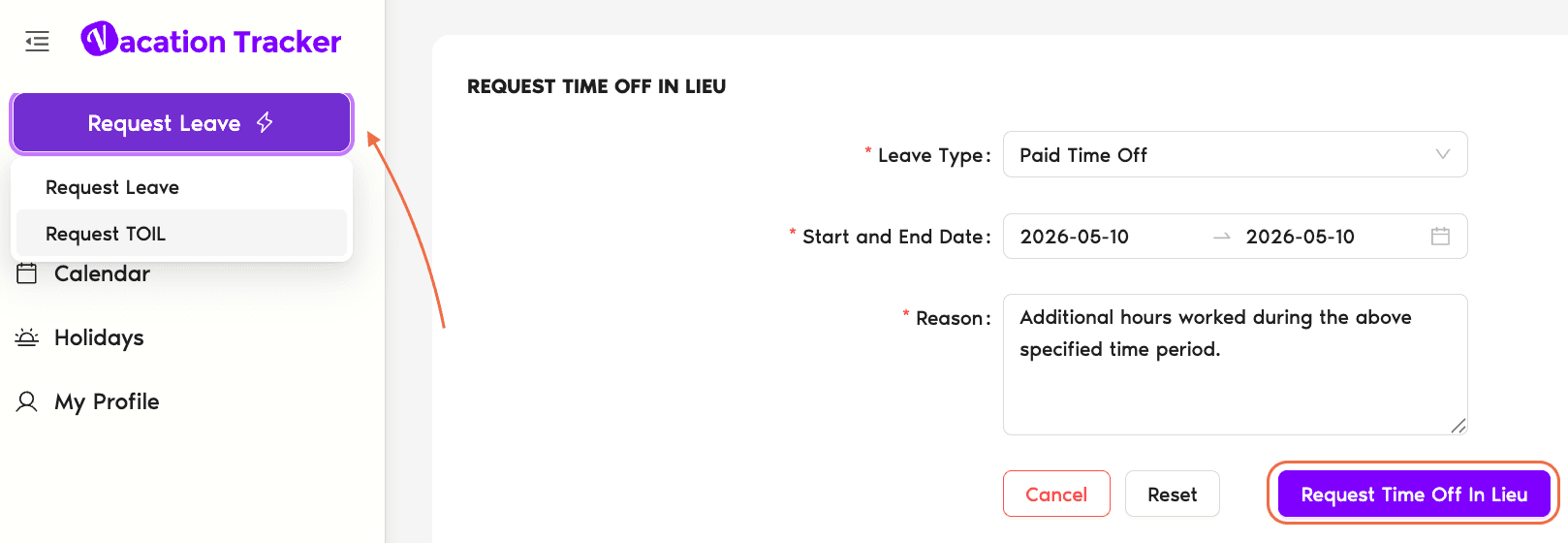 Dashboard Request Leave modal switched to the Request TOIL tab with Leave Type dropdown, Start/End Date pickers, Hourly TOIL toggle, and prefilled Reason field