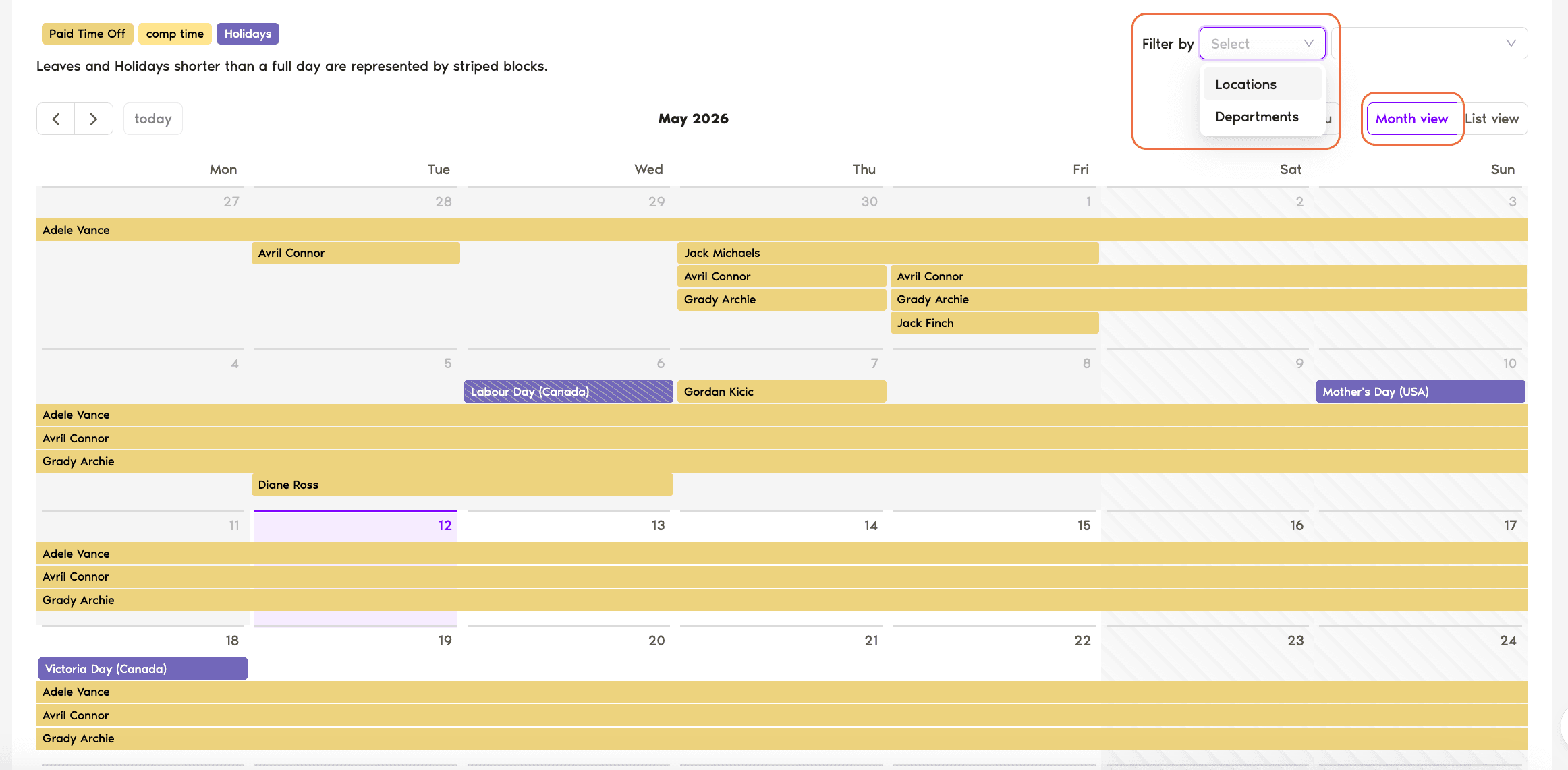 Dashboard view showing the month bar chart of daily leave counts, today's leaves list with requester name + leave type, and the Filter by control at the top-right