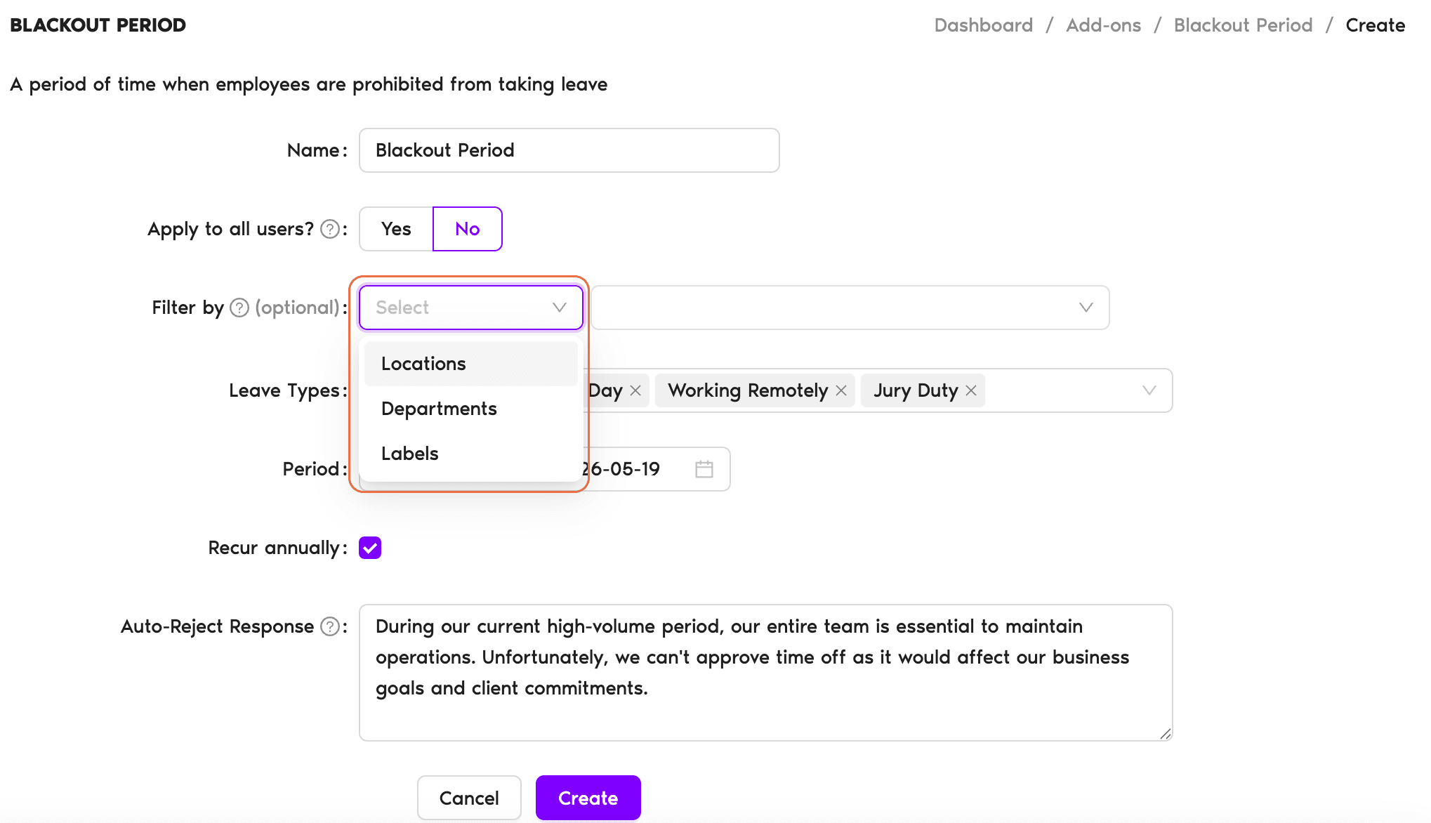 Blackout Period add-on automation form showing the Locations/Departments filter section with the 