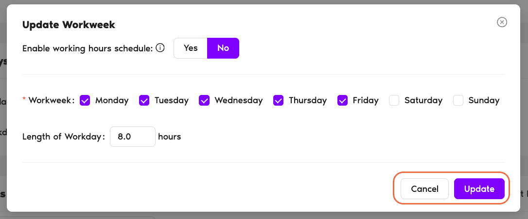 User profile Working Days box with the day-of-week checkboxes and the Update button