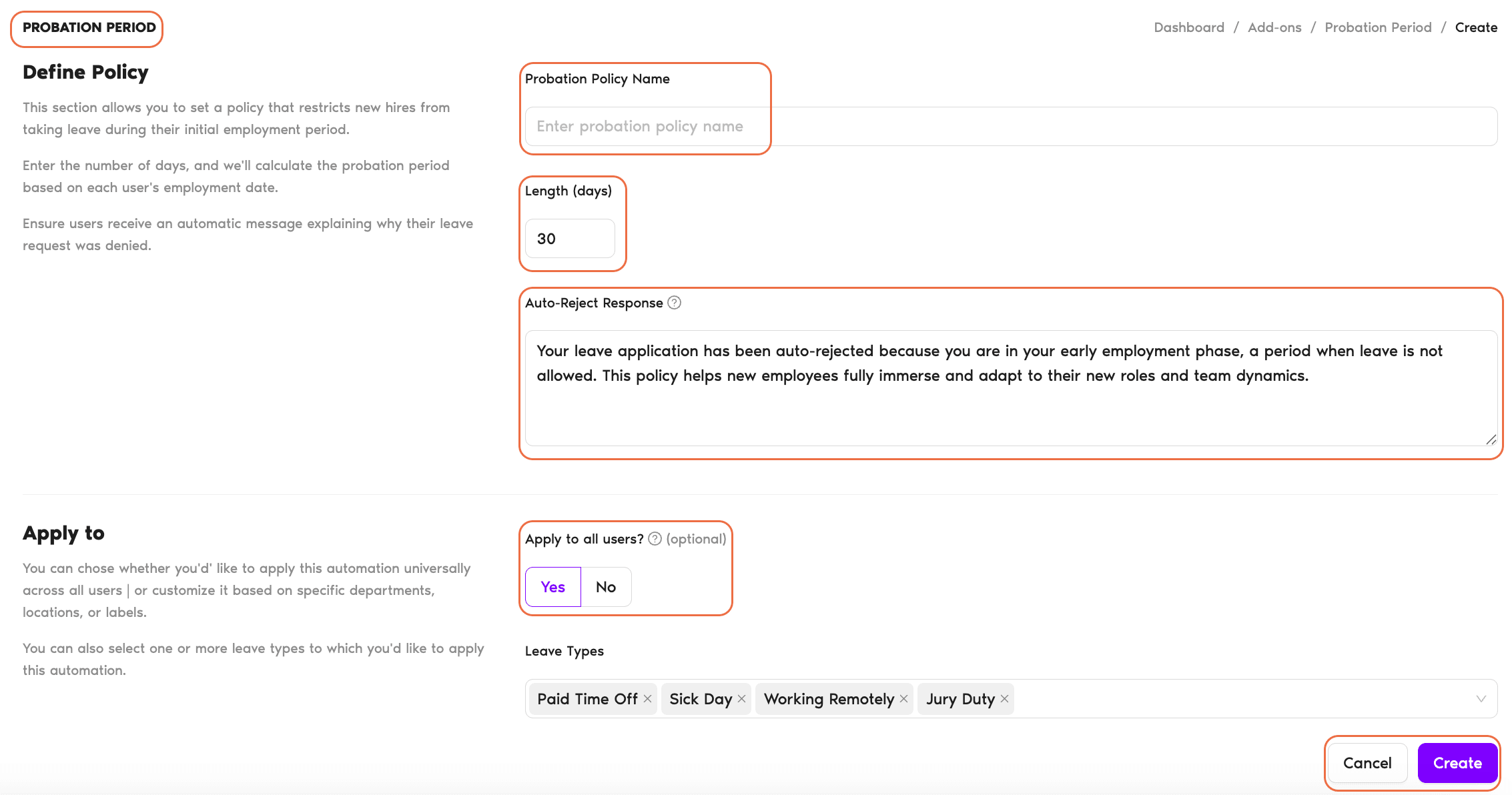 Probation Period add-on configuration form showing the Probation Policy Name, Length (days), and Auto-Reject Response fields with the Apply-to-Users selector below