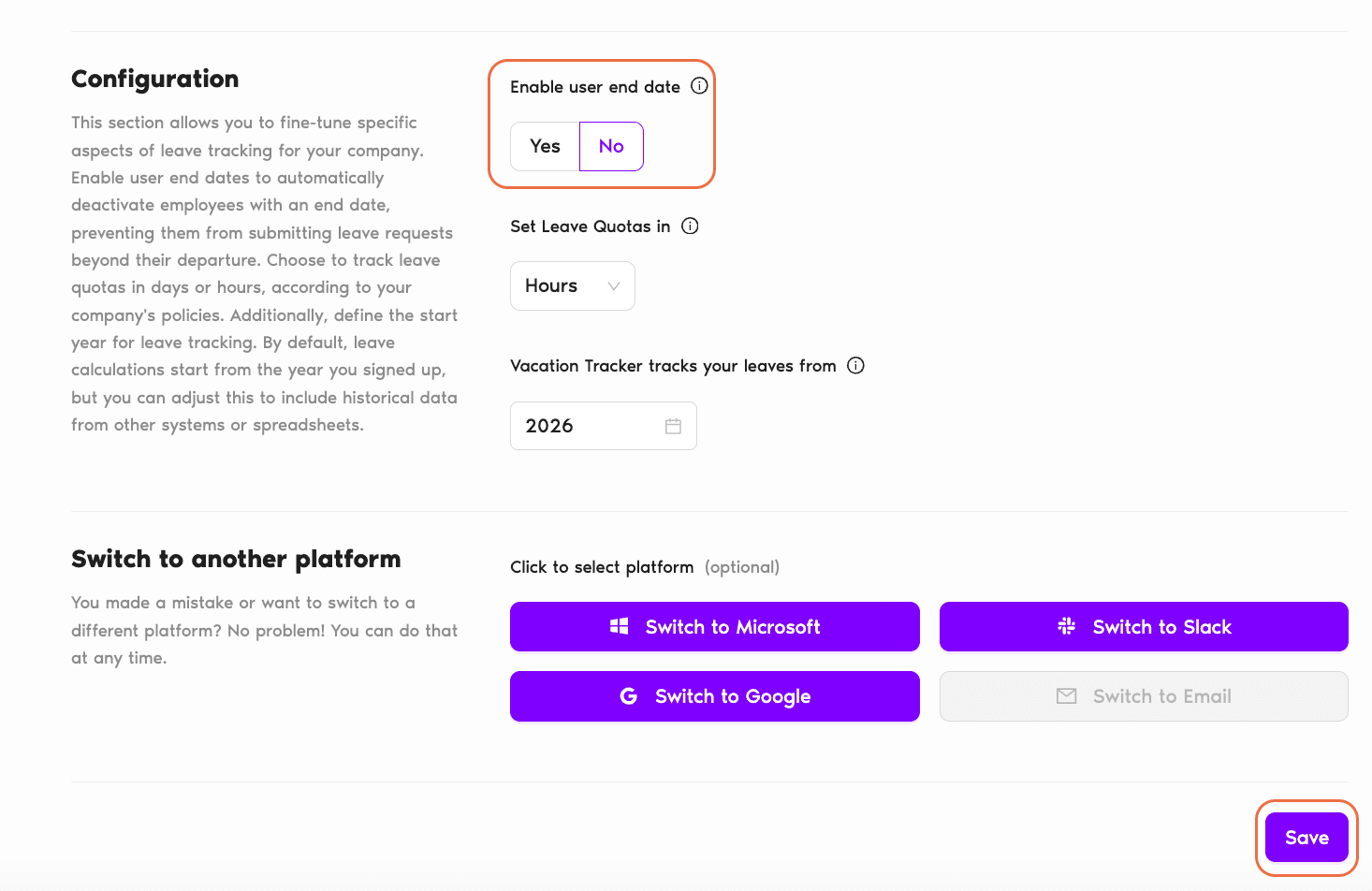 Workspace Settings → General page with the Enable user end date Yes/No setting and the Save button