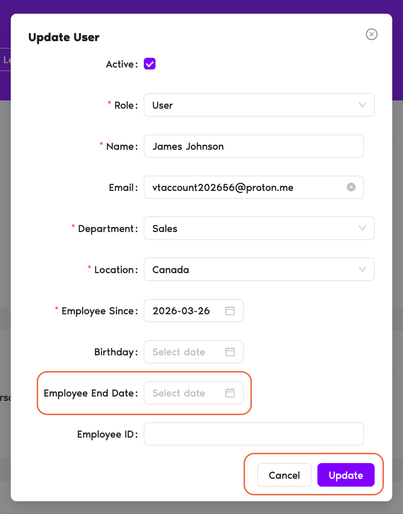 User profile Edit pop-up showing the Employee End Date field and the Update button