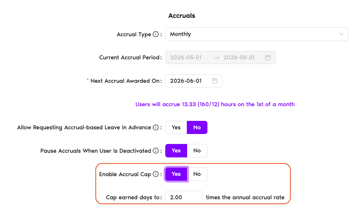 Enable Accrual Cap toggle set to Yes, with the 
