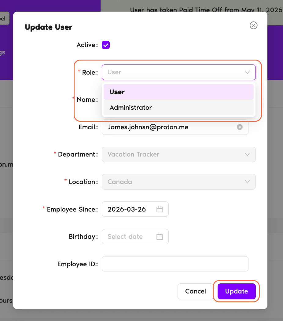 Update User modal with the Role dropdown expanded showing User and Administrator options, and the Active checkbox at the top of the form