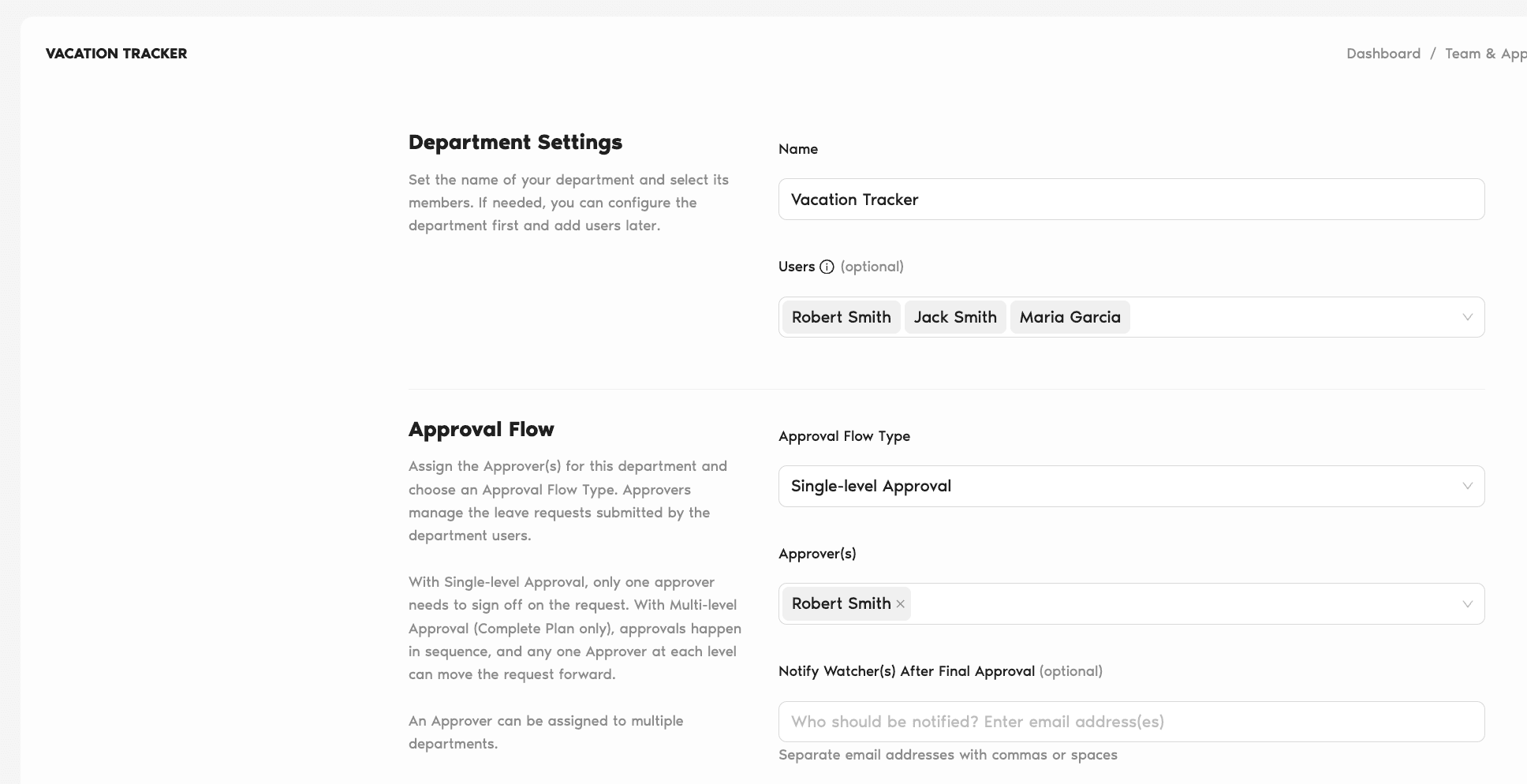 Edit Department form with the Approver(s) multi-value field showing selected Approvers as chips, under the Approval Flow section