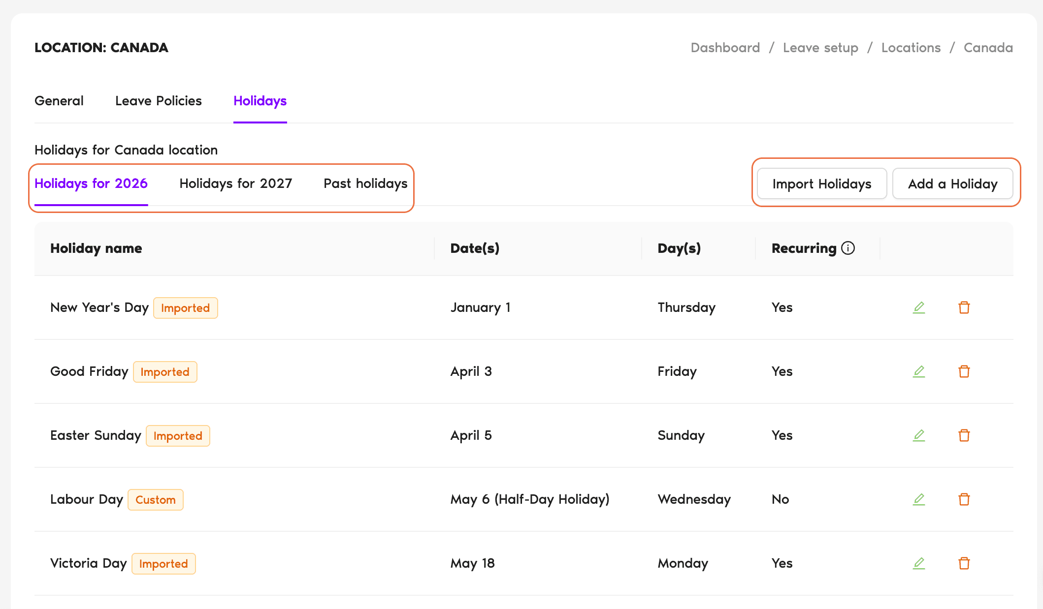 Holidays tab showing year tabs, Import Holidays and Add a Holiday buttons, and the holiday list with Holiday name / Date(s) / Day(s) / Recurring columns