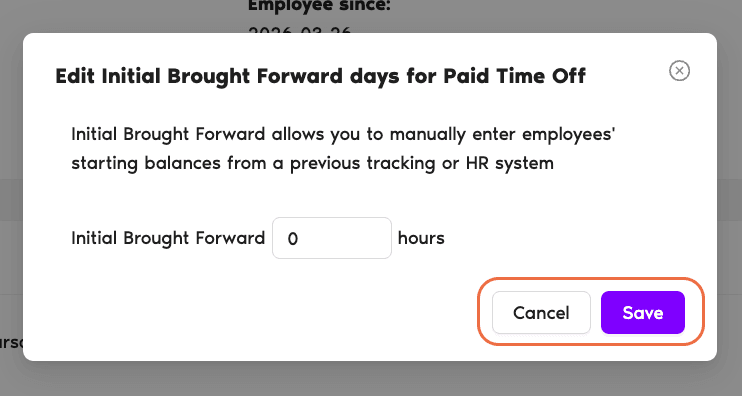User profile Leave Quotas section with the Leave Type and Period selectors and the Initial Brought Forward input field