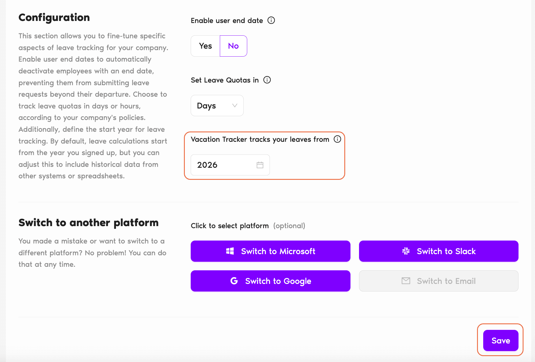 Workspace Settings → General page with the Configuration section visible, including the start-year selector and Save button at the bottom right