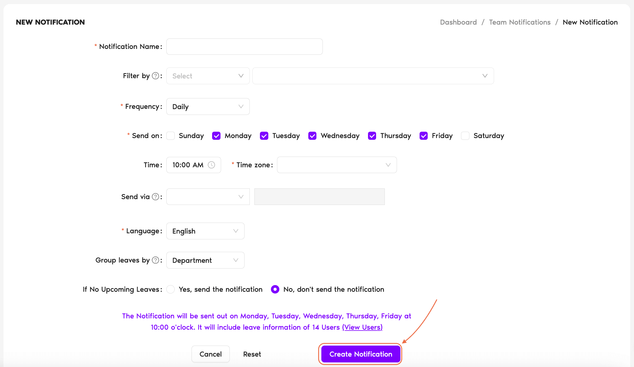 New Notification form on the Team Notifications page, showing all fields from Name through If No Upcoming Leaves with the Create Notification button at the bottom