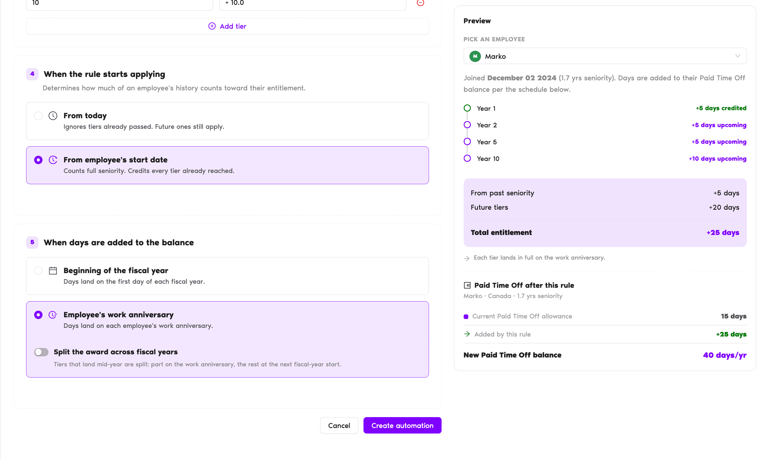 New seniority automation form (continued) showing 4) When the rule starts applying, 5) When days are added to the balance, with the live Preview panel on the right