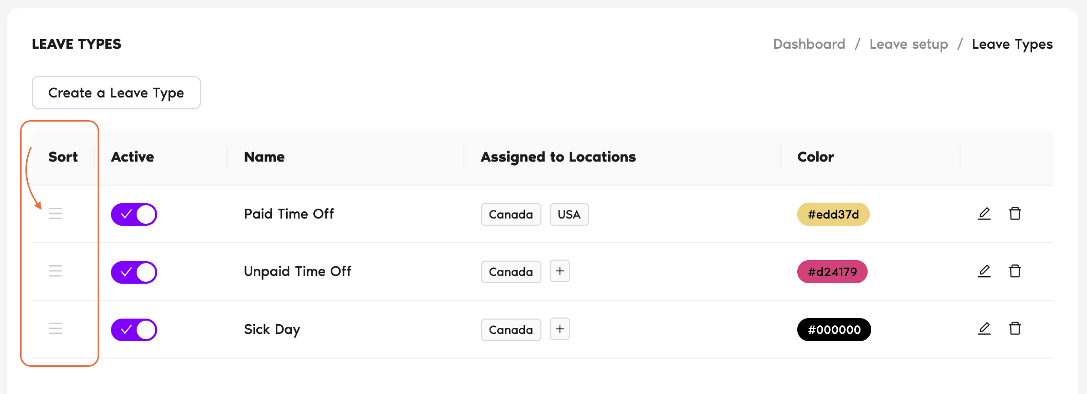 Leave Types page showing the table with the Sort column on the far left, a drag-handle icon on each row, and four example leave types (Vacation, Paid Time Off, Sick Day, Maternity Leave)