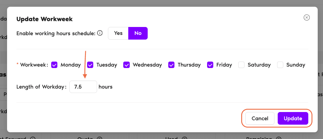 Working Days edit pop-up on the user profile showing the Length of Workdays field set to 7.5h and the Update button