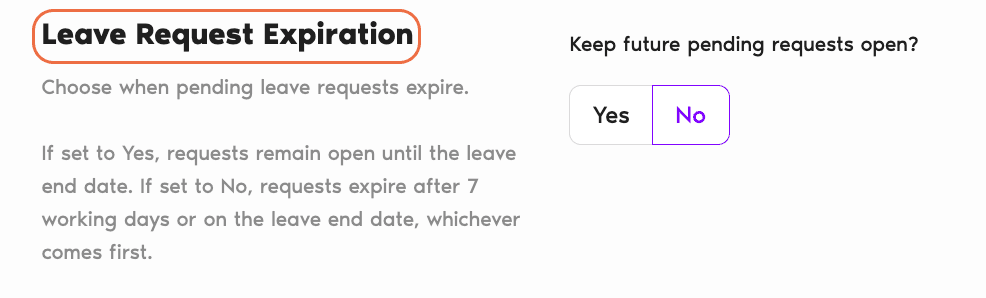 Edit Department form with the Leave Request Expiration section highlighted and the Keep future pending requests open? toggle set to No