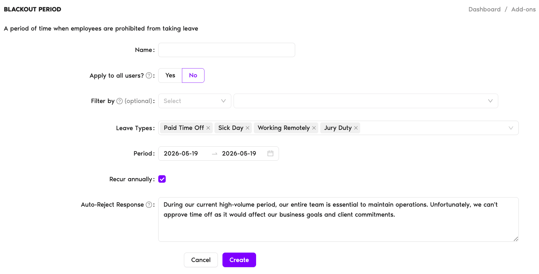 Blackout Period add-on automation form with the Name, 