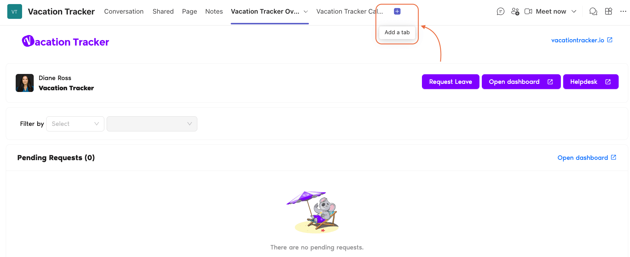 Microsoft Teams channel header with the Vacation Tracker tab pinned alongside the + button to add a new tab