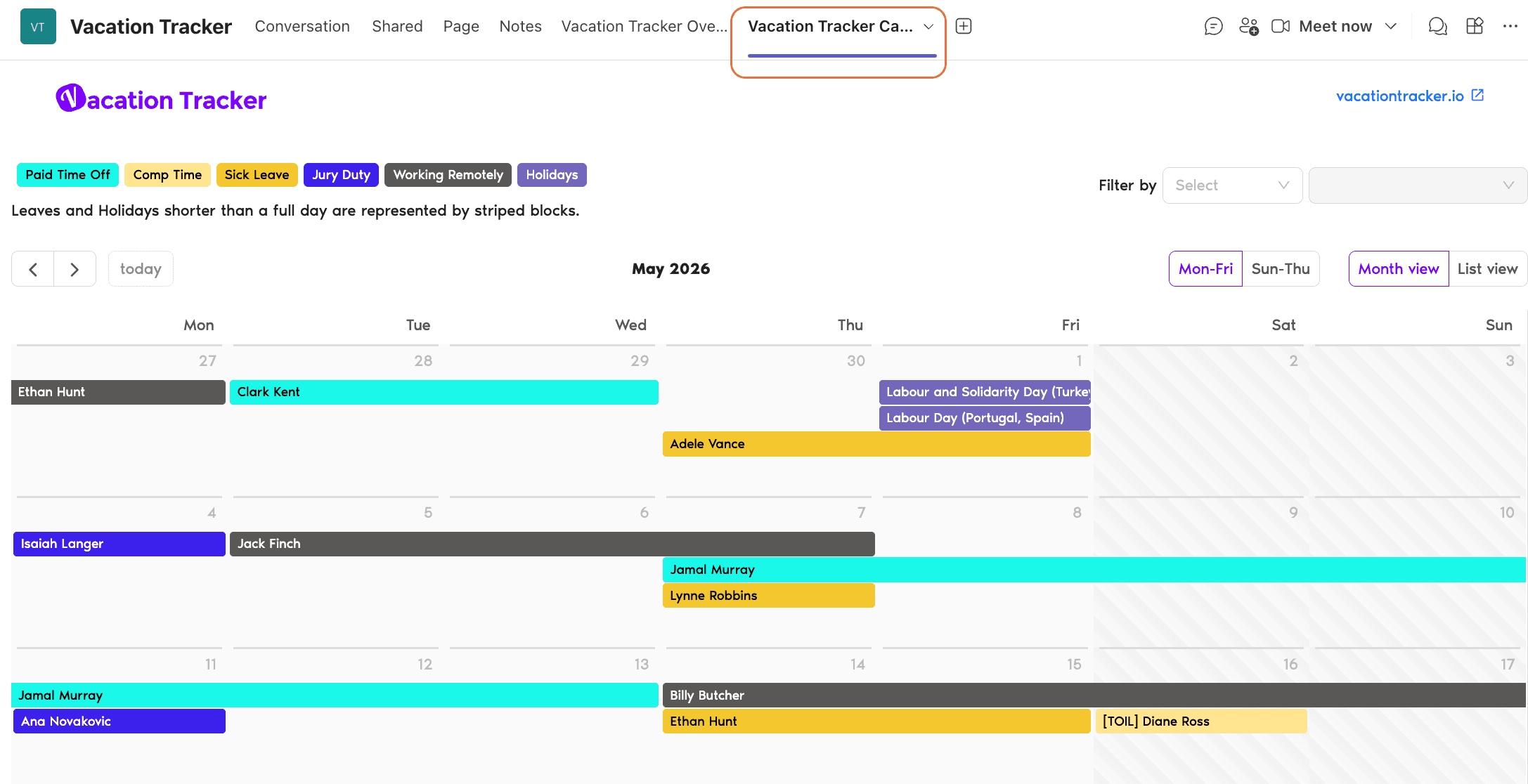 Vacation Tracker tab setup dialog in Microsoft Teams showing the Overview and Calendar tab type radio options with the Calendar option selected