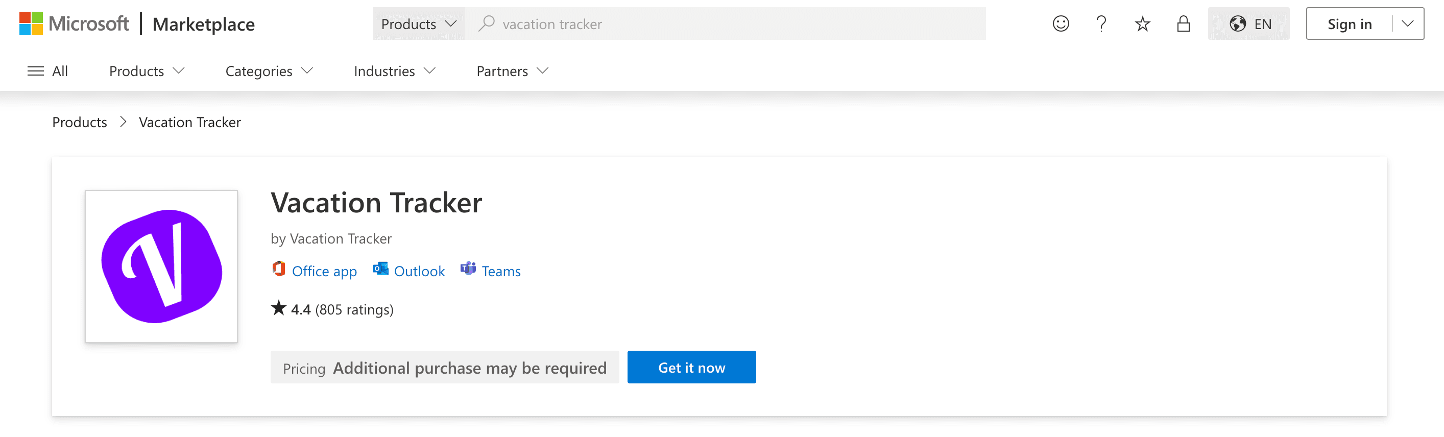 Microsoft AppSource listing page for Vacation Tracker with the Get it Now button highlighted