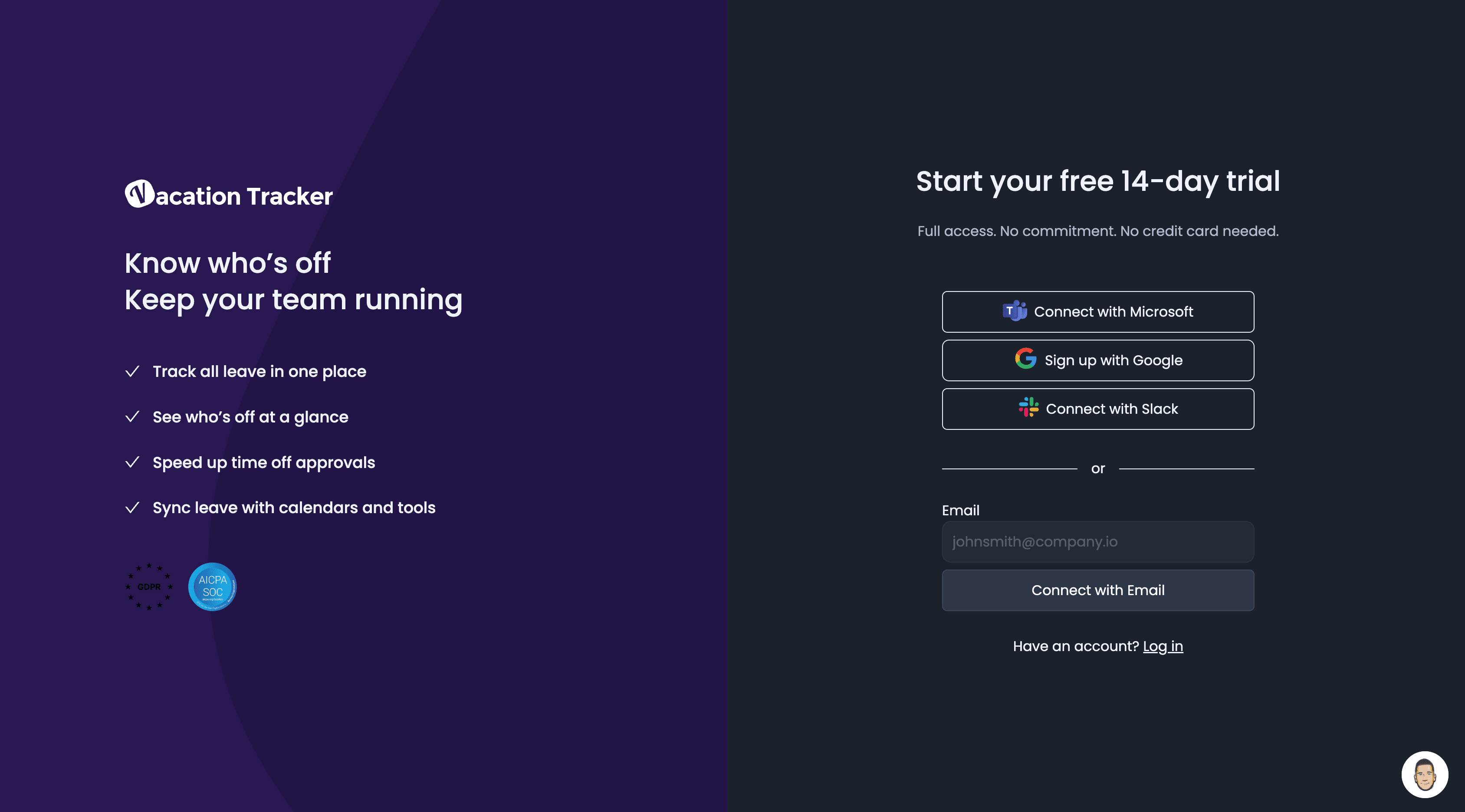 Vacation Tracker signup page at app.vacationtracker.io with the Sign Up with Microsoft button highlighted