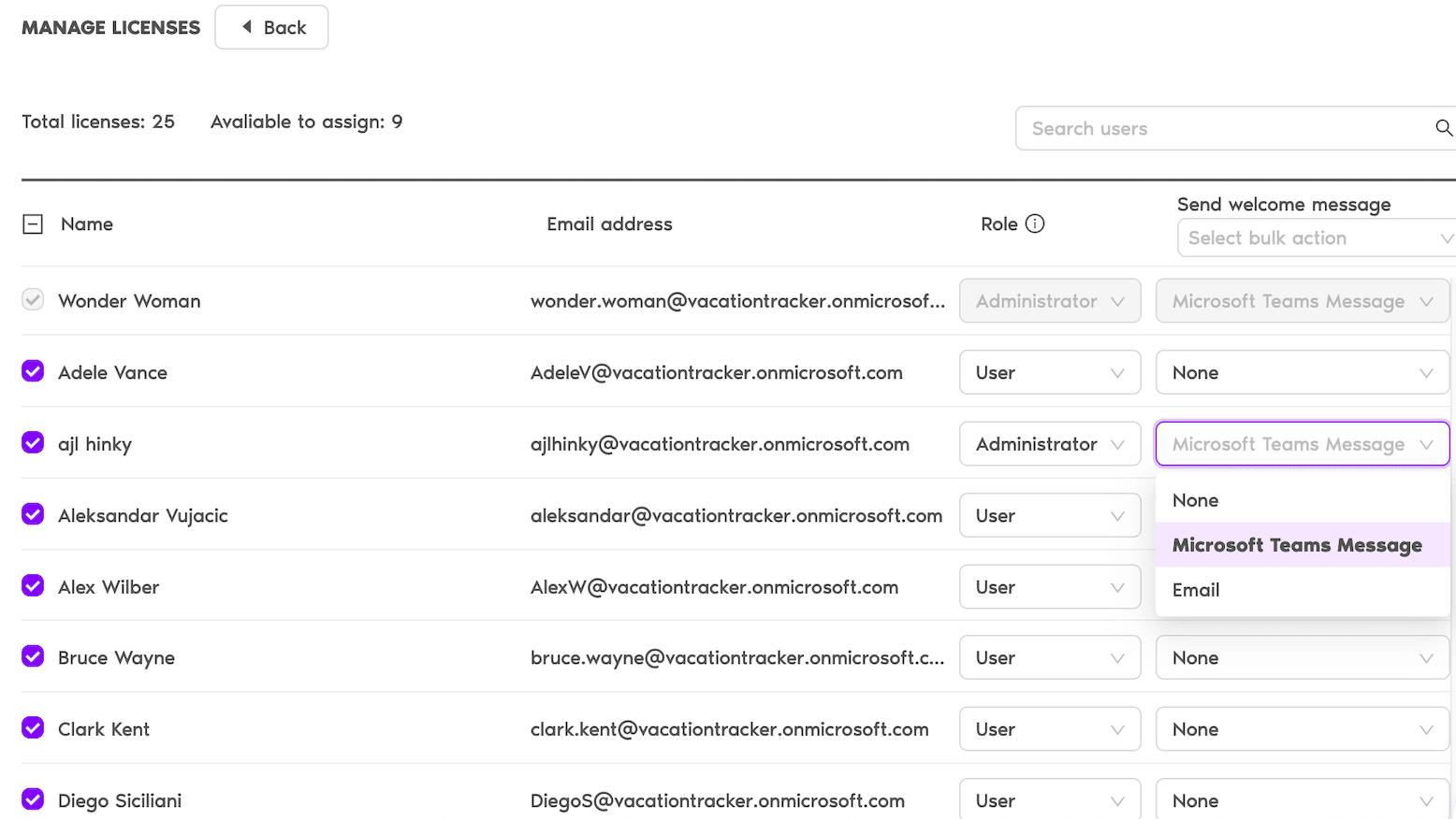 Manage Licenses page showing assigned vs. available license counts, plus user selection with role and welcome-message options