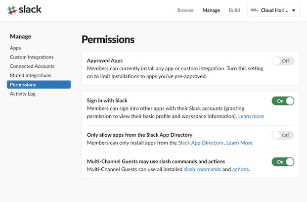 Slack workspace admin console at slack.com/apps/manage/permissions with the Approved Apps section open and Vacation Tracker listed