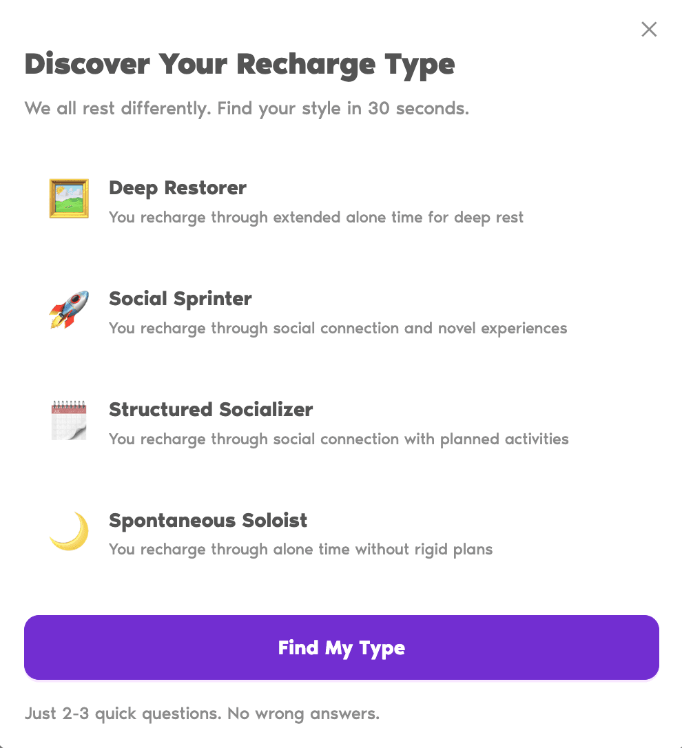 Discover Your Recharge Type modal listing the four types with their short descriptions