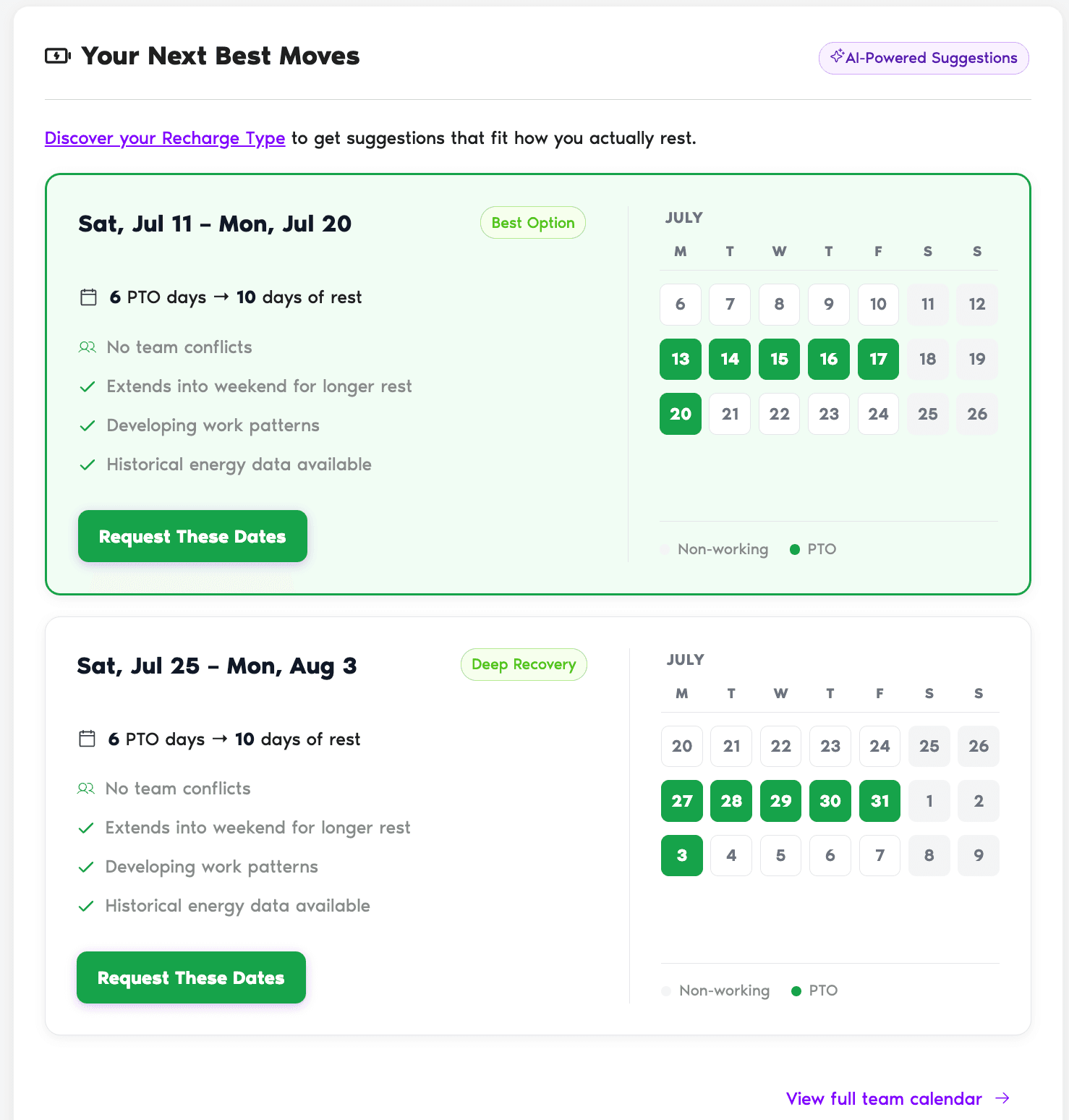 A Your Next Best Moves card with date range, Best Option label, 6 PTO days → 10 days of rest, bullet reasons, and a mini month calendar