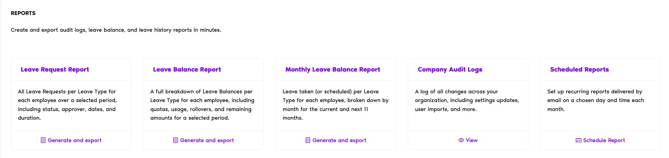 Reports page with the five report tiles visible (Leave Request Report, Leave Balance Report, Monthly Leave Balance Report, Company Audit Logs, Scheduled Reports), each with its action button