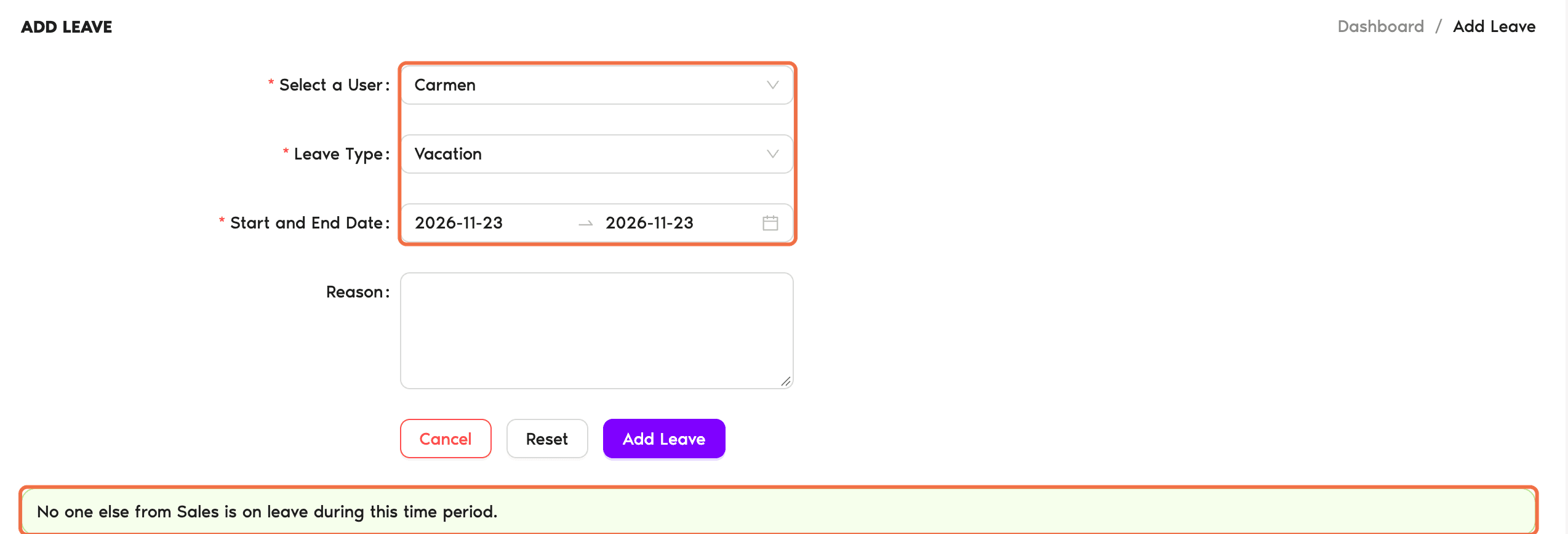 Add Leave form with Select a User, Leave Type, dates and the line showing who else is on leave
