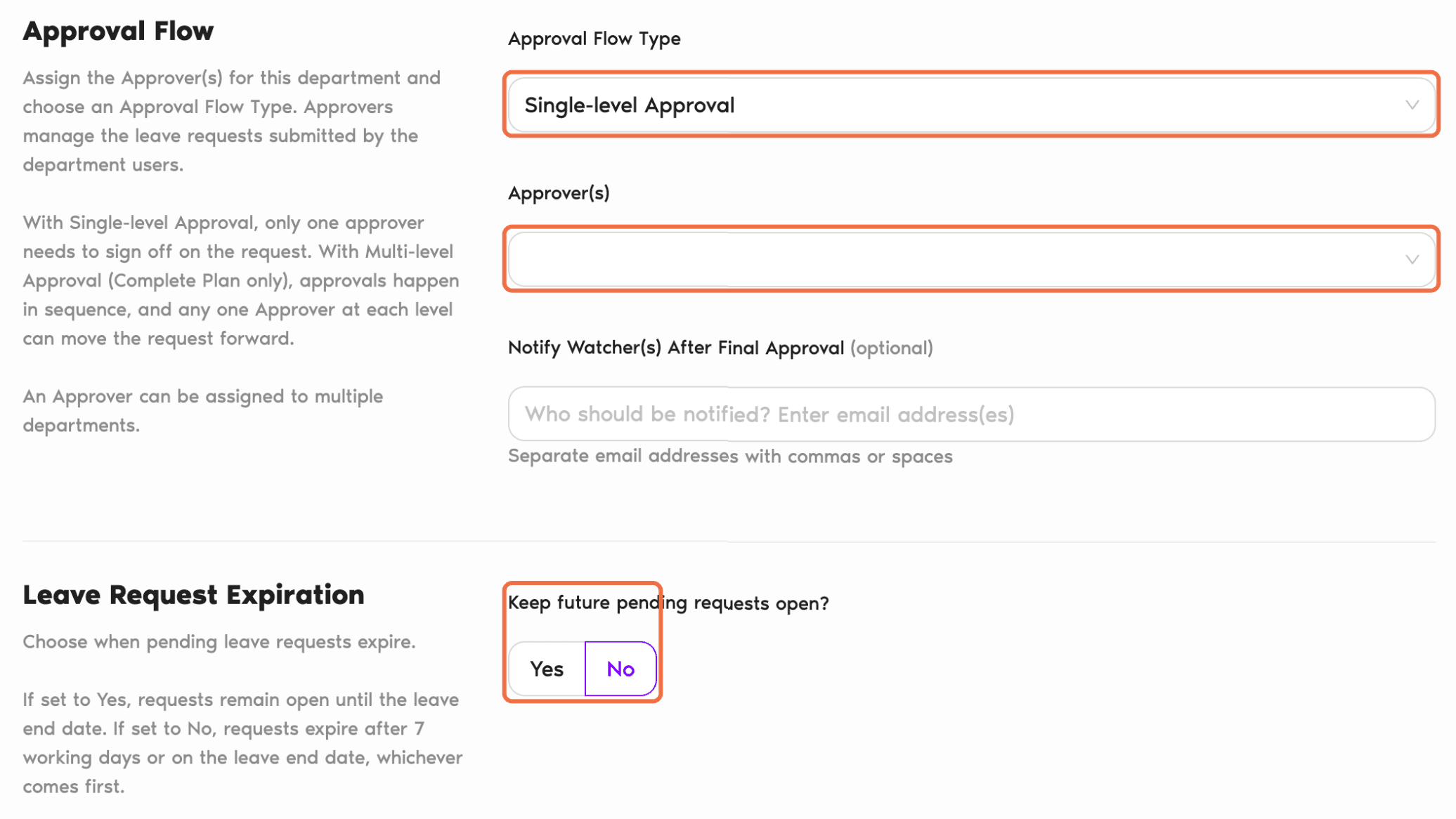 Create Department form showing Approval Flow Type, Approver(s) and Keep future pending requests open?