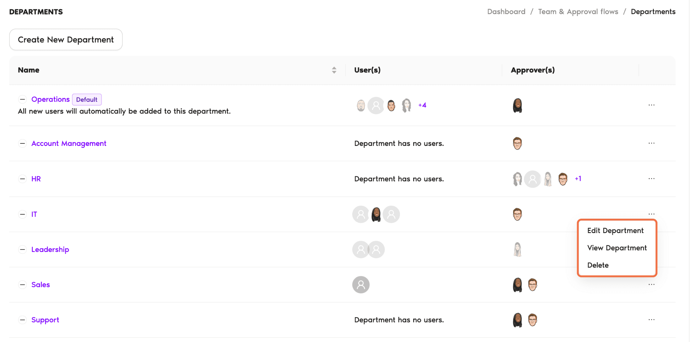 Departments page with the Edit Department, View Department and Delete menu