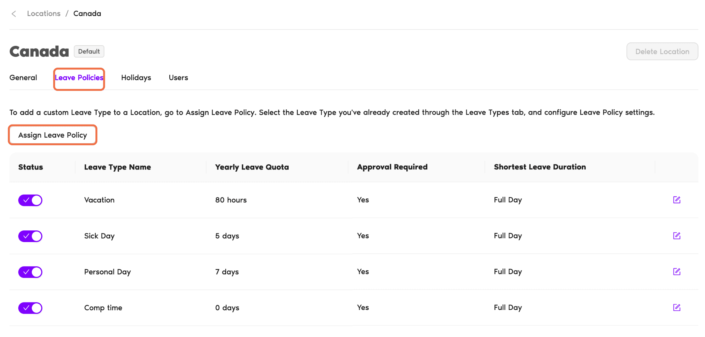 Leave Policies tab of a Location with Assign Leave Policy
