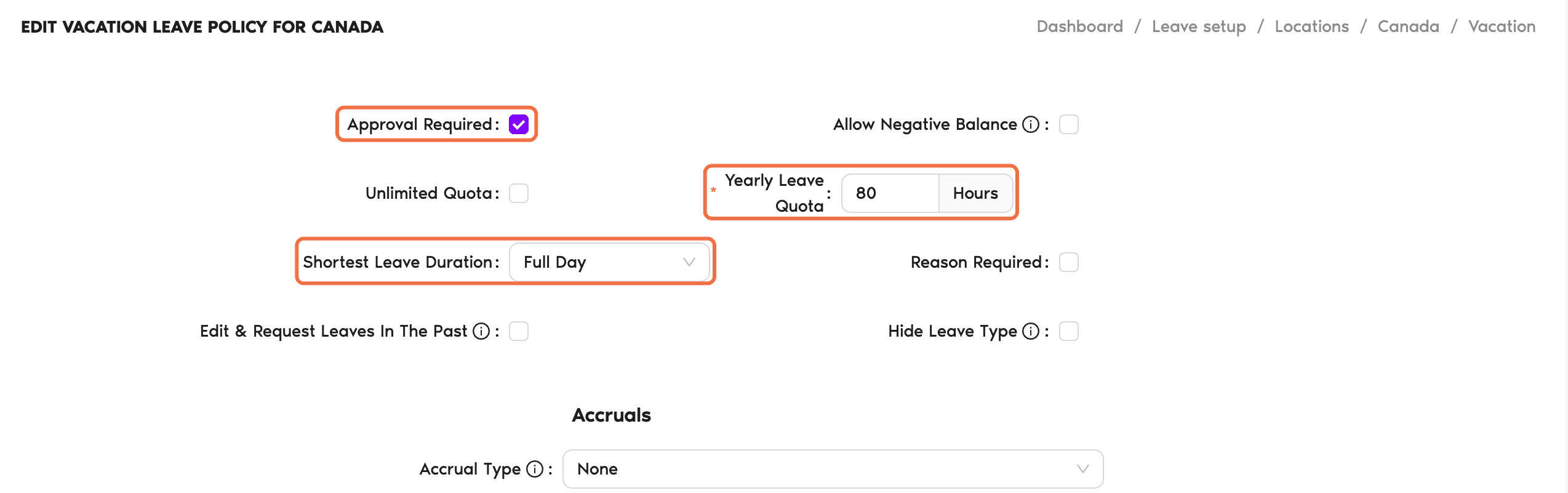 Edit Leave Policy page showing Yearly Leave Quota, Approval Required and Shortest Leave Duration
