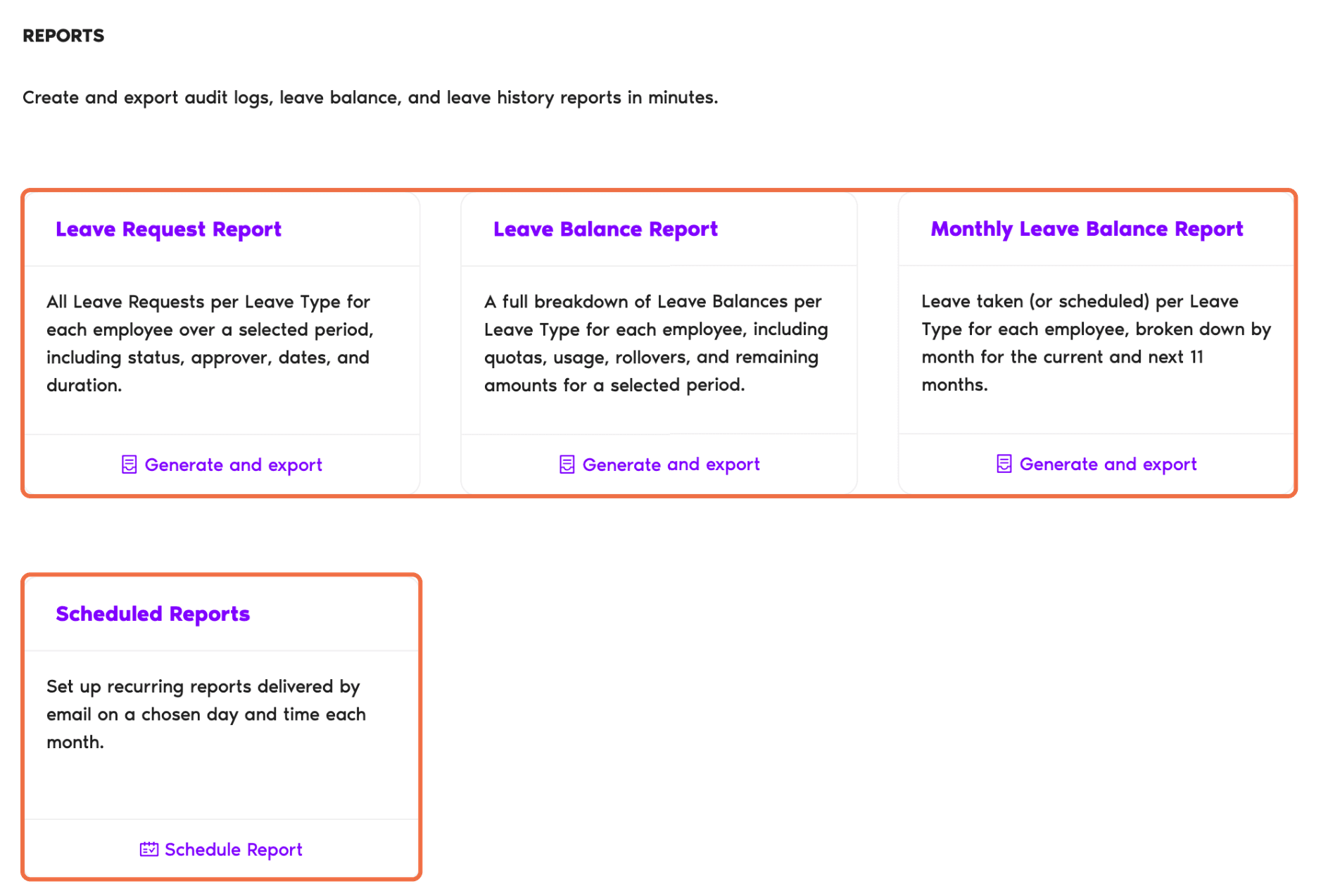 Reports page with the Leave Request, Leave Balance and Monthly Leave Balance cards and Scheduled Reports