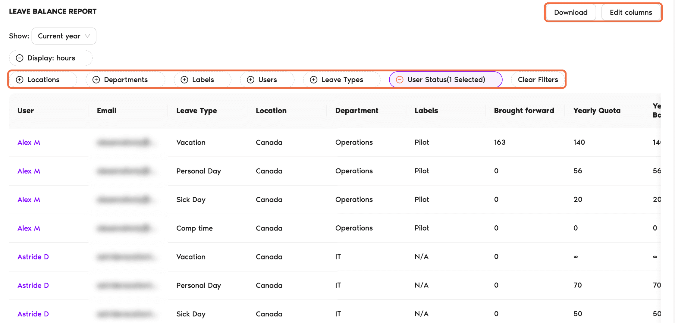 Leave Balance Report with filters, Edit columns and Download