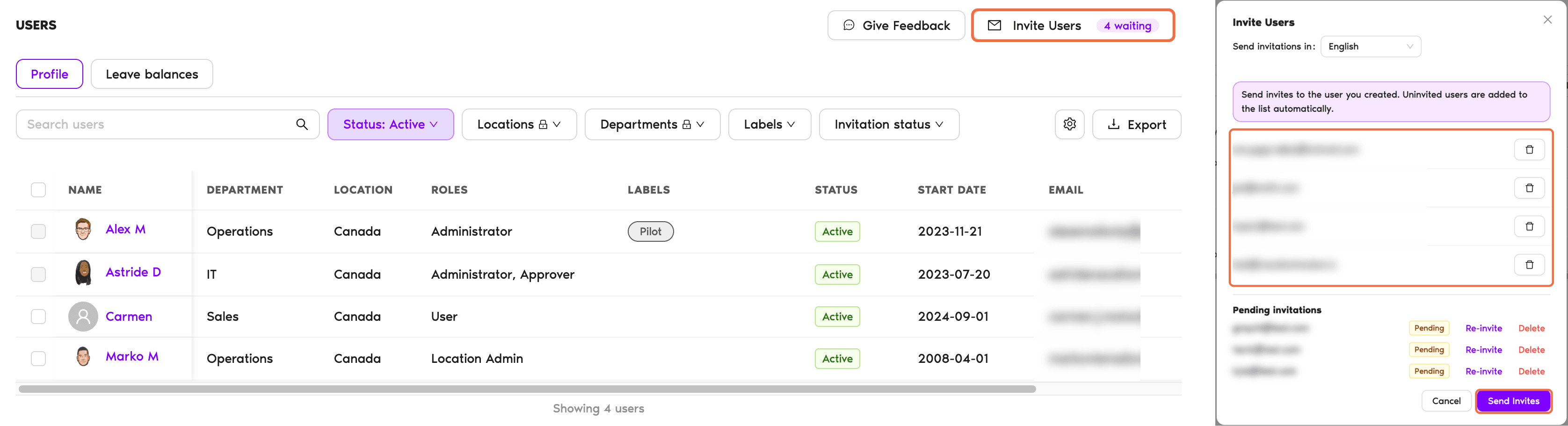 Users page with the invite option for a user who hasn't joined yet