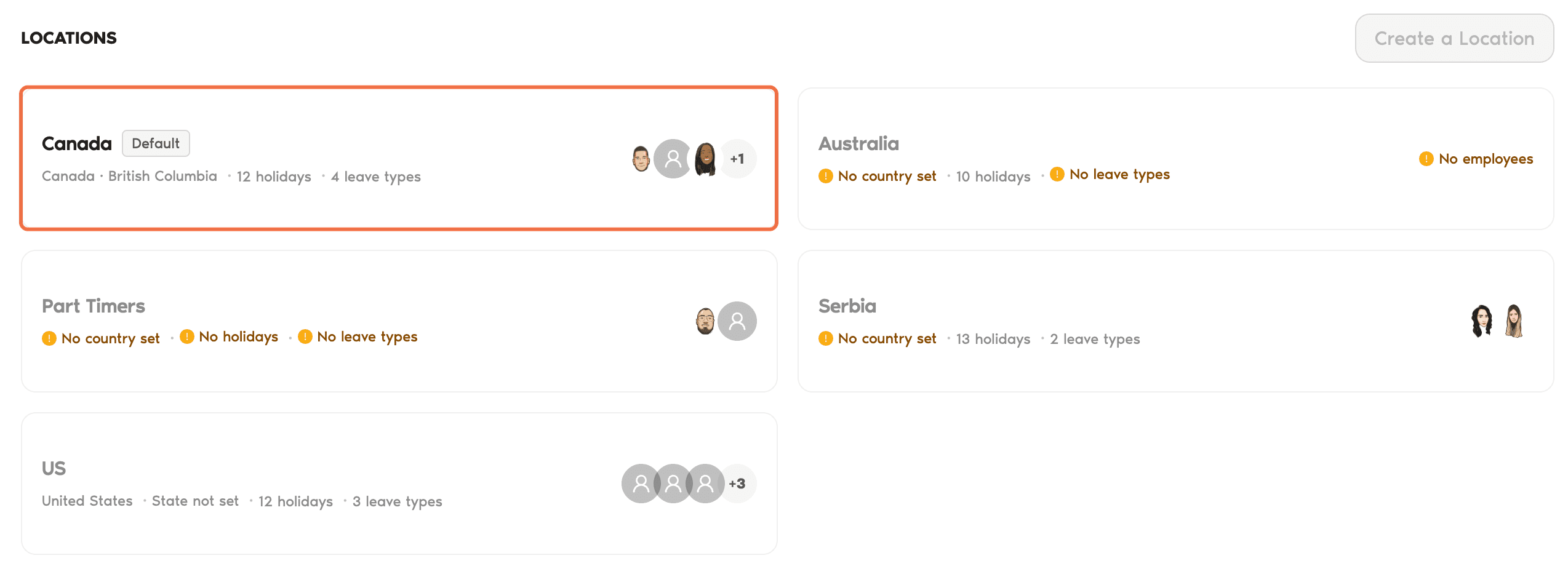 Locations page with the managed Location active and the other Locations greyed out