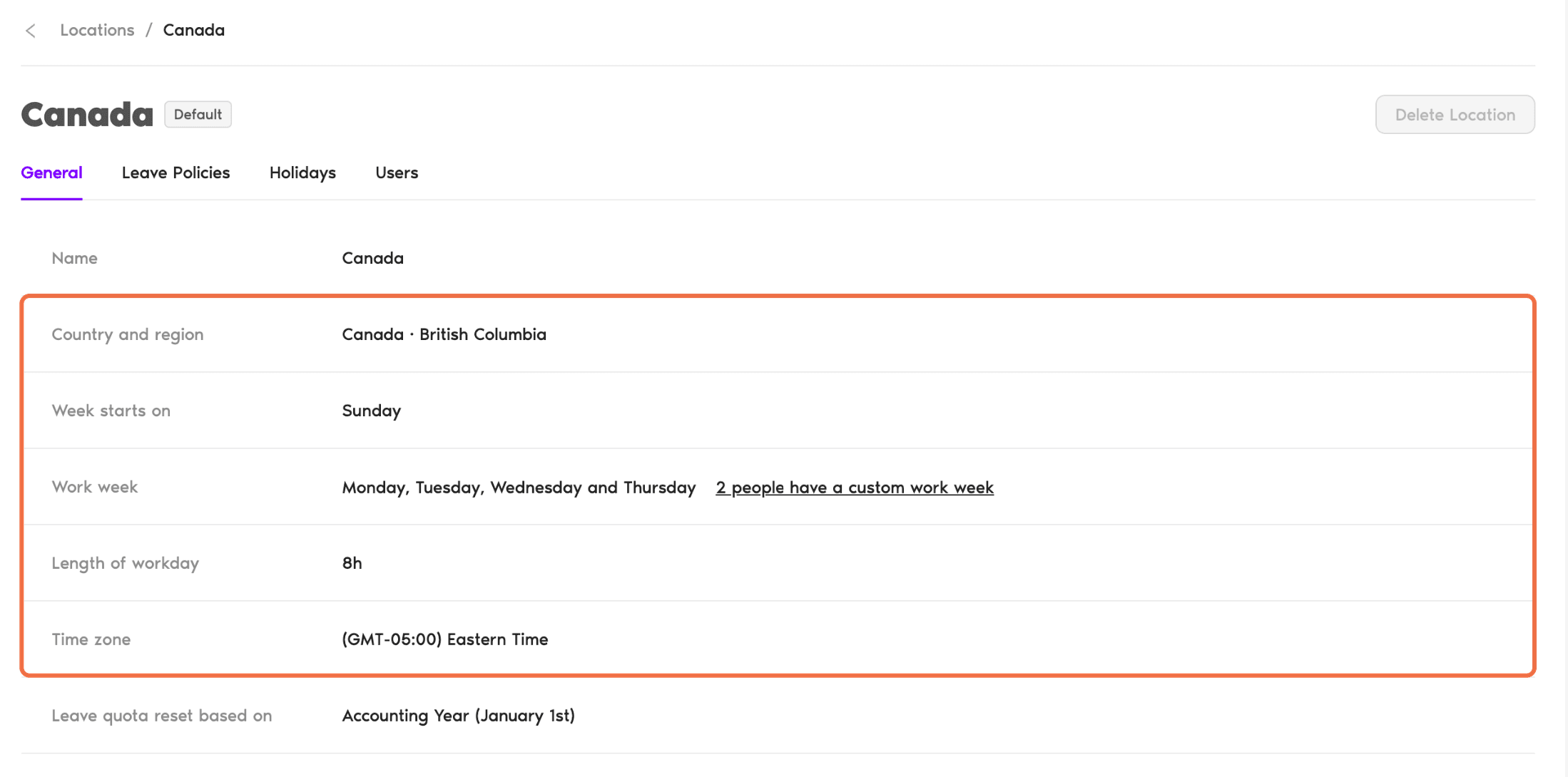 General tab of a Location showing Country and region, Work week, Length of workday and Time zone