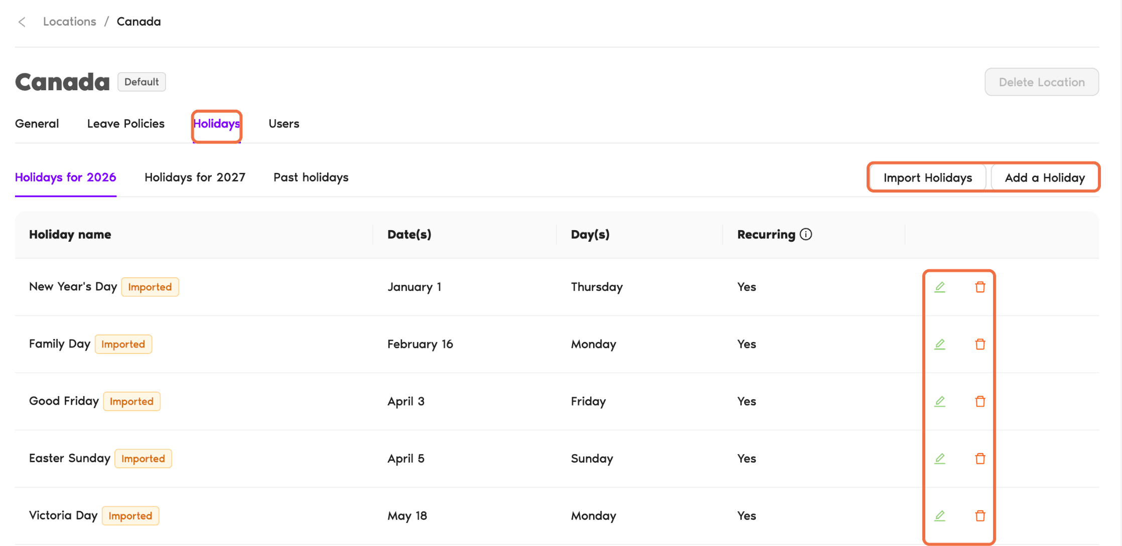 Holidays tab with Import Holidays, Add a Holiday and the edit and delete icons