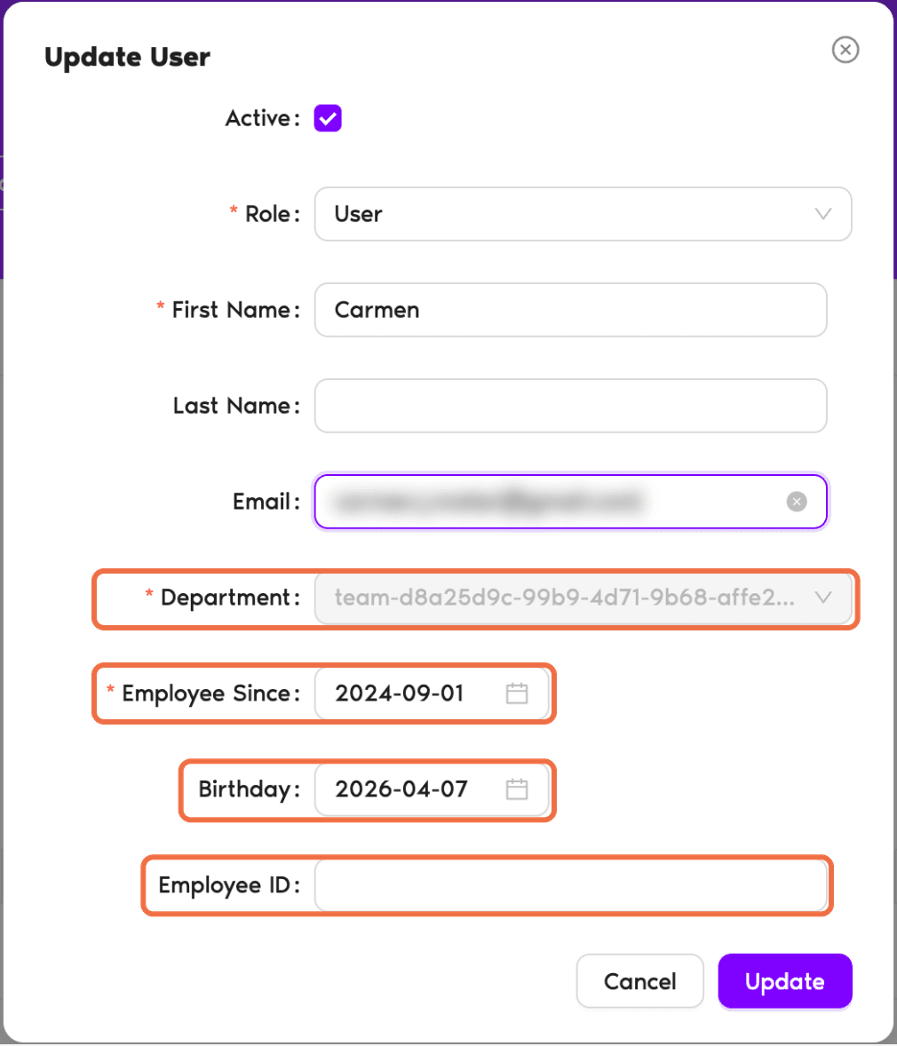 Update User box with Department, Employee Since, Birthday, Employee End Date and Employee ID