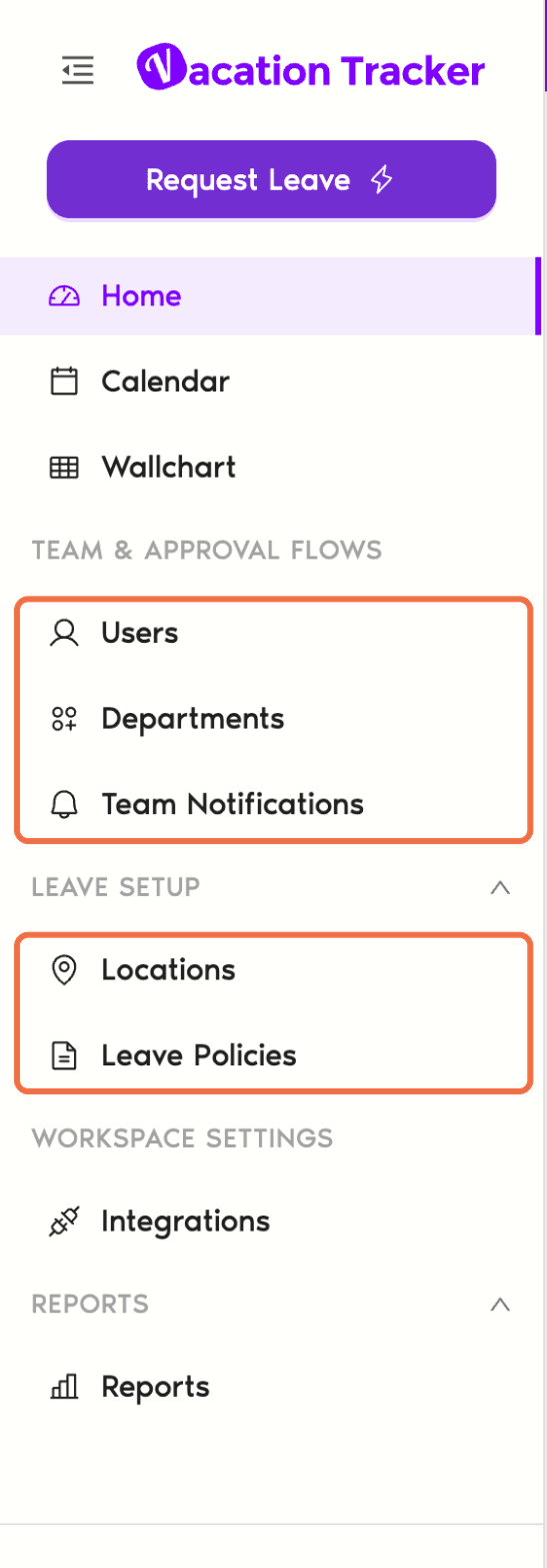 Left-hand menu in the Vacation Tracker dashboard for a Location Admin