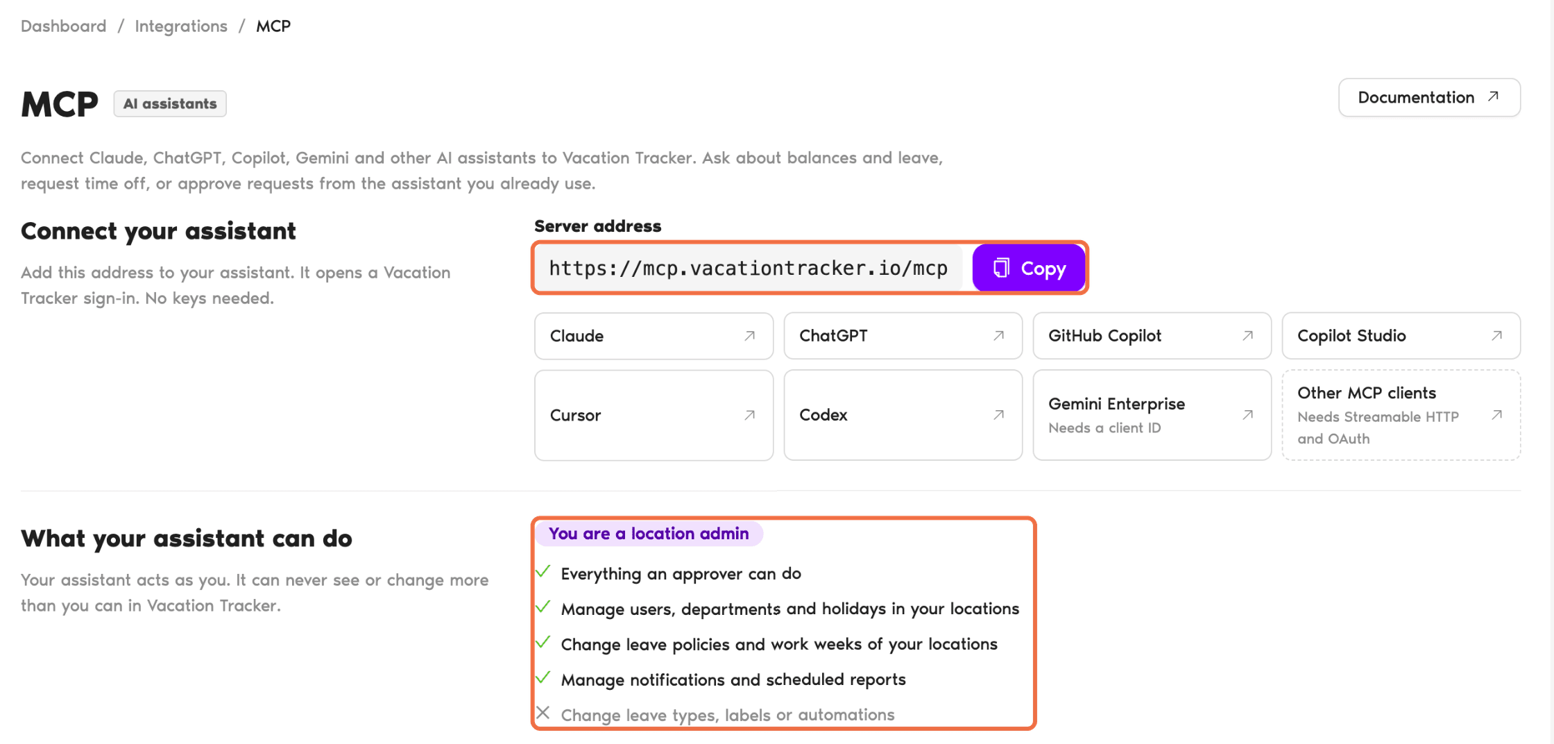 MCP page under Integrations with the server address and the list of what your assistant can do