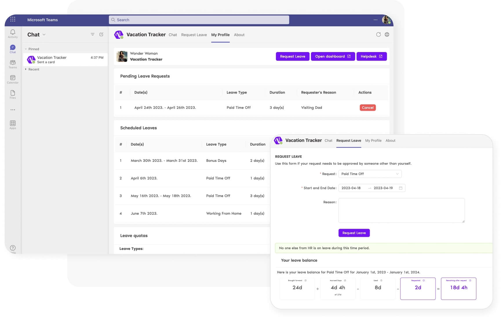 Visualiza tu información de permisos y ausencias directamente dentro de Microsoft Teams.