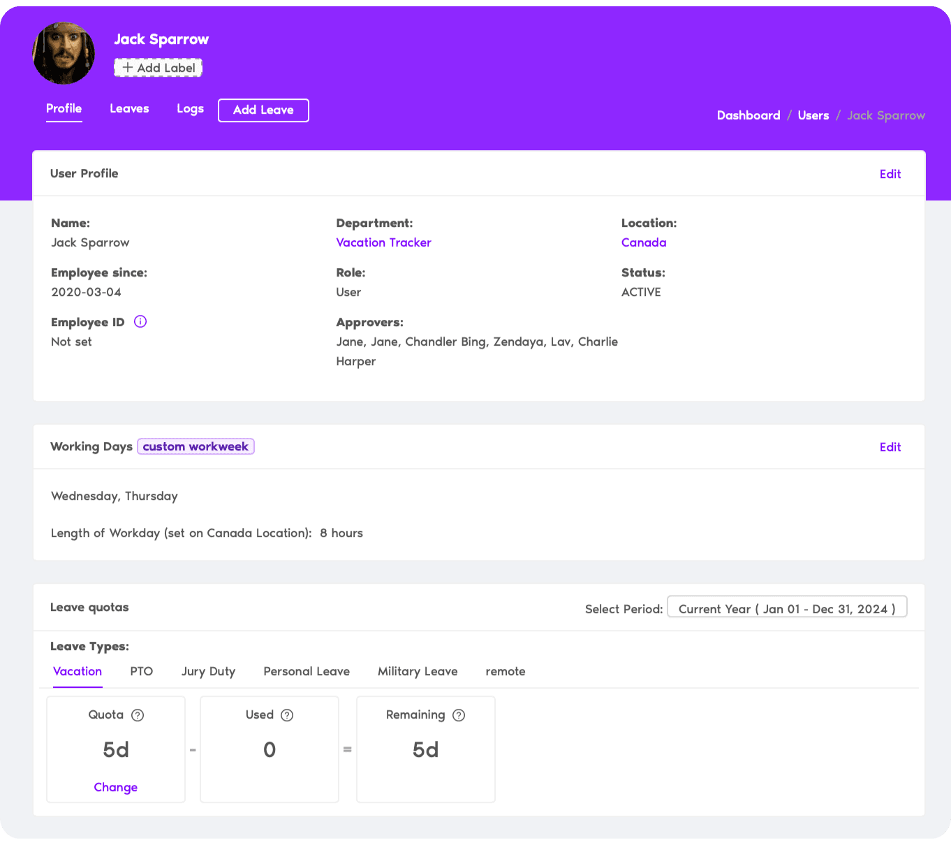 User Profile in Vacation Tracker