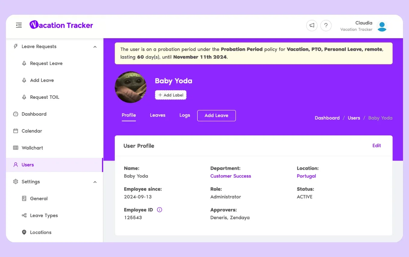 Vacation Tracker user profile showing a banner that the employee is on a 60-day probation period