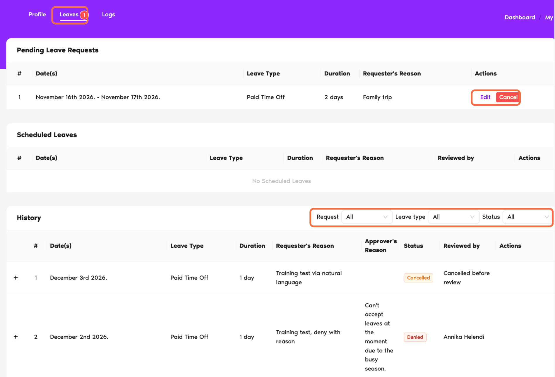 Leaves tab on My Profile with Pending Leave Requests, Scheduled Leaves and History