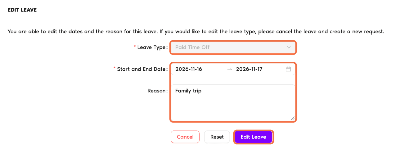 Edit Leave page with dates and Reason, and the leave type greyed out