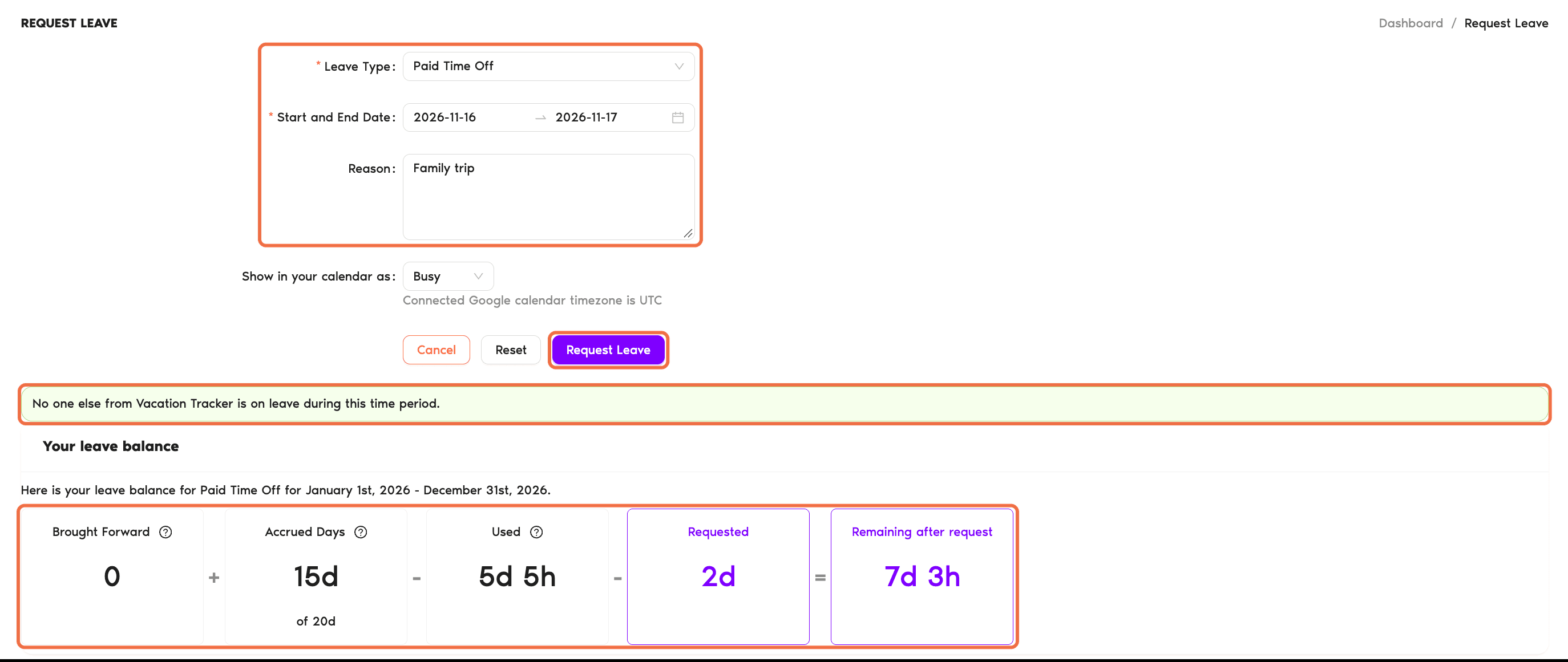 Request Leave form with leave type, dates, reason, the who else is off line and Your leave balance