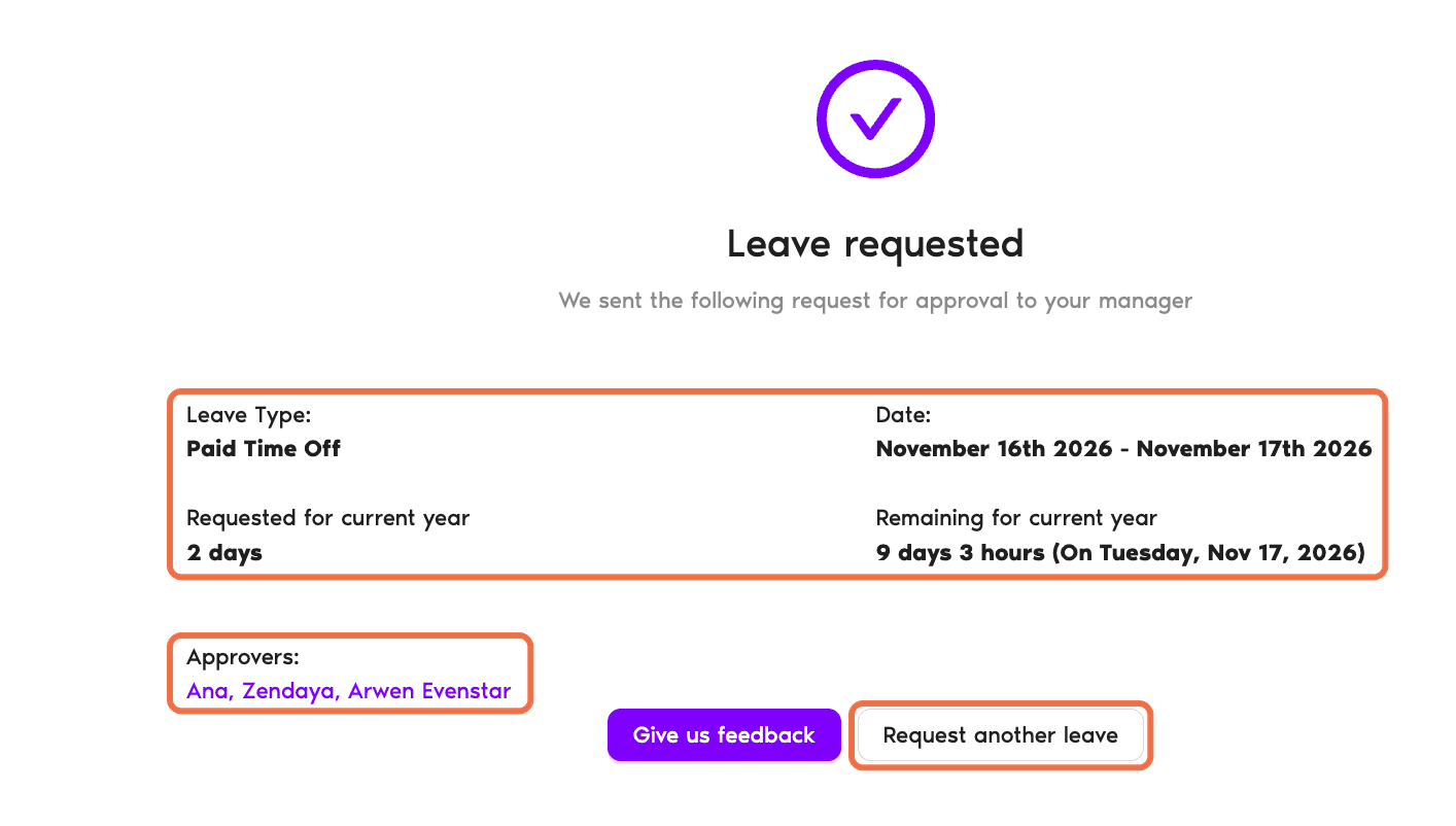 Leave requested page with the request details and Approvers
